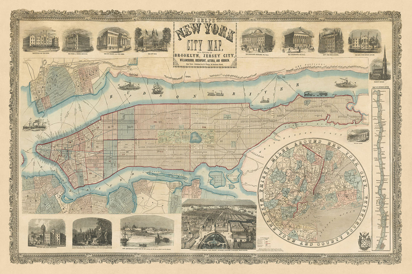 Ancienne carte de la ville de New York par Phelps, 1857 : Central Park, The Battery, Ellis Island, Hudson River, création de Central Park