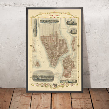 Alte Karte von New York City von Tallis & Rapkin, 1851: Manhattan, Brooklyn, Williamsburgh, Rathaus, Zollhaus 