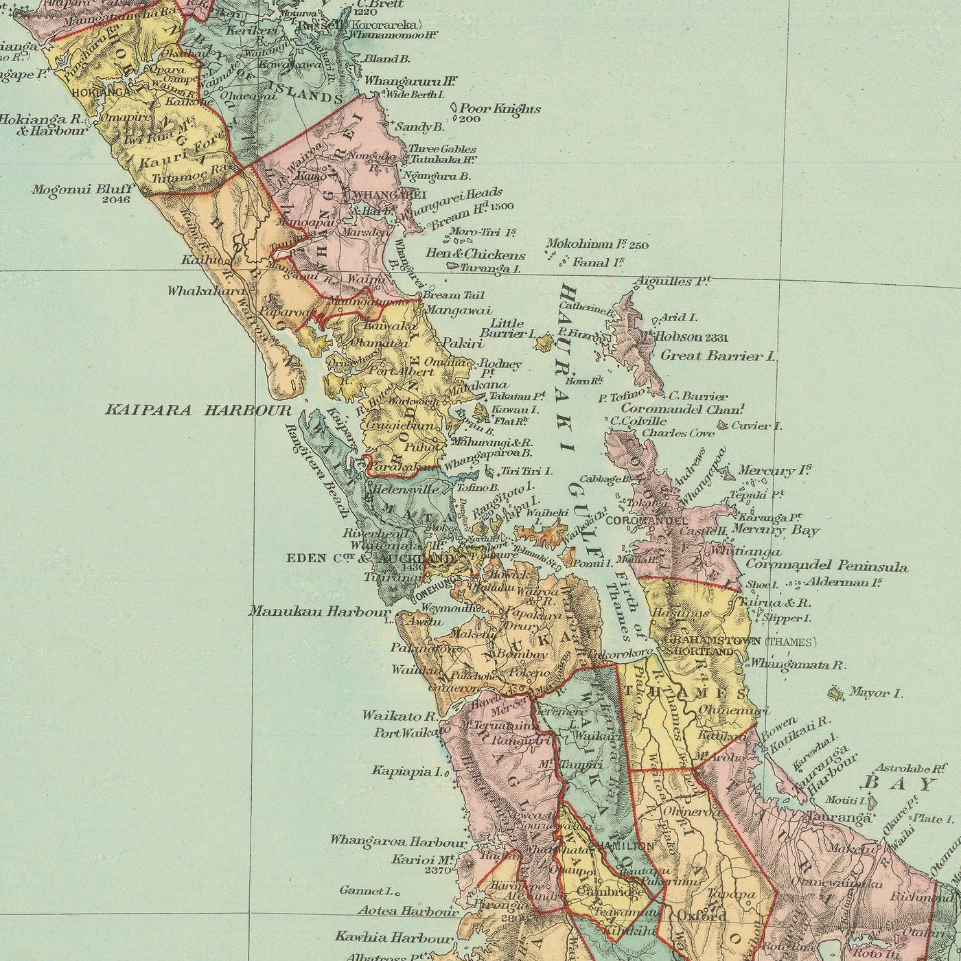 Mapa antiguo de Nueva Zelanda por Stanford, 1887: Auckland, Wellington, Alpes del Sur, Isla Stewart, Condados 