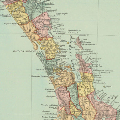 Mapa antiguo de Nueva Zelanda por Stanford, 1887: Auckland, Wellington, Alpes del Sur, Isla Stewart, Condados 