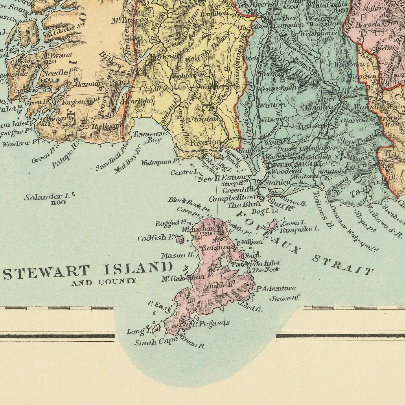 Mapa antiguo de Nueva Zelanda por Stanford, 1887: Auckland, Wellington, Alpes del Sur, Isla Stewart, Condados 