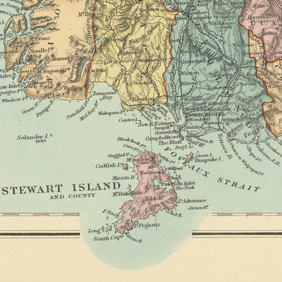 Mapa antiguo de Nueva Zelanda por Stanford, 1887: Auckland, Wellington, Alpes del Sur, Isla Stewart, Condados 