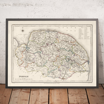 Antigua mapa de Norfolk por Samuel Lewis, 1844: Norwich, King&