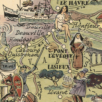 Ancienne carte picturale de Normandie par Liozu, 1951 : Rouen, Le Havre, Mont Saint-Michel, Plages du Débarquement, Caen