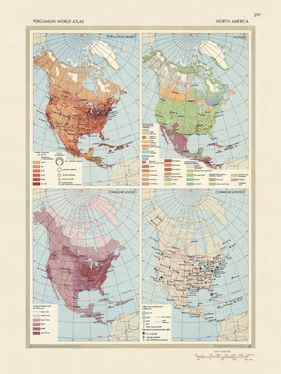 Antiguo mapa infográfico de demografía y comunicaciones de América del Norte, 1967: perspectivas de la Guerra Fría, cartografía temática y datos geoespaciales