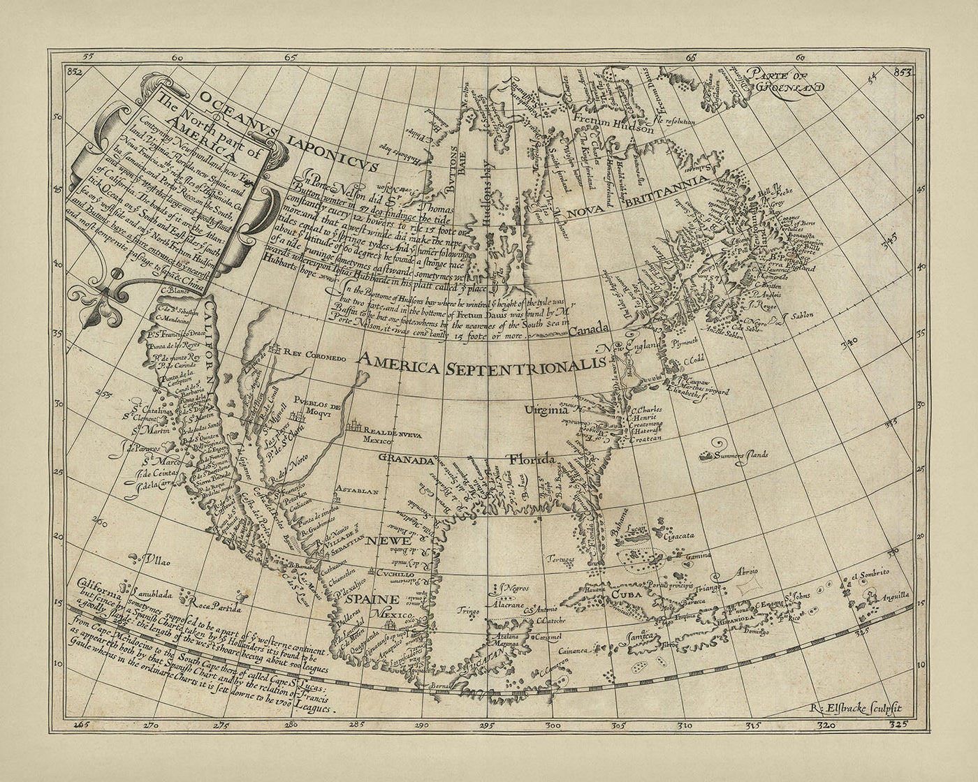 Mapa antiguo de América del Norte de Briggs, 1625: Cabo Cod, Bahía Hudson, Jamestown, Isla California, Plymouth