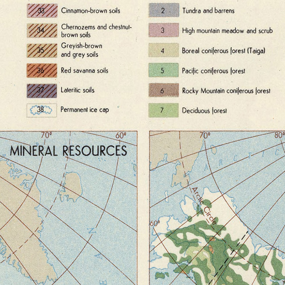 Infografik-Karte von Nordamerika vom Topografischen Dienst der polnischen Armee, 1967: Landnutzung, Vegetation, Bodenschätze