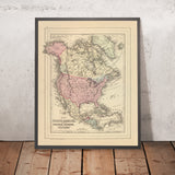 Mappa Antica del Nord America di Mitchell, 1884: New York, Monti Rocciosi, Baia di Hudson, Regioni Polari, Città del Messico 