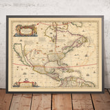 Mappa antica del Nord America di Visscher, 1690: America Centrale, Caraibi, Città del Messico, Washington, Triangolo delle Bermuda 