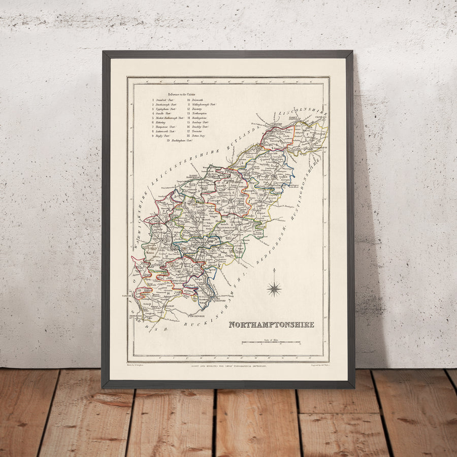 Antica mappa del Northamptonshire di Samuel Lewis, 1844: Northampton, Kettering, Corby, Wellingborough e Rushden 