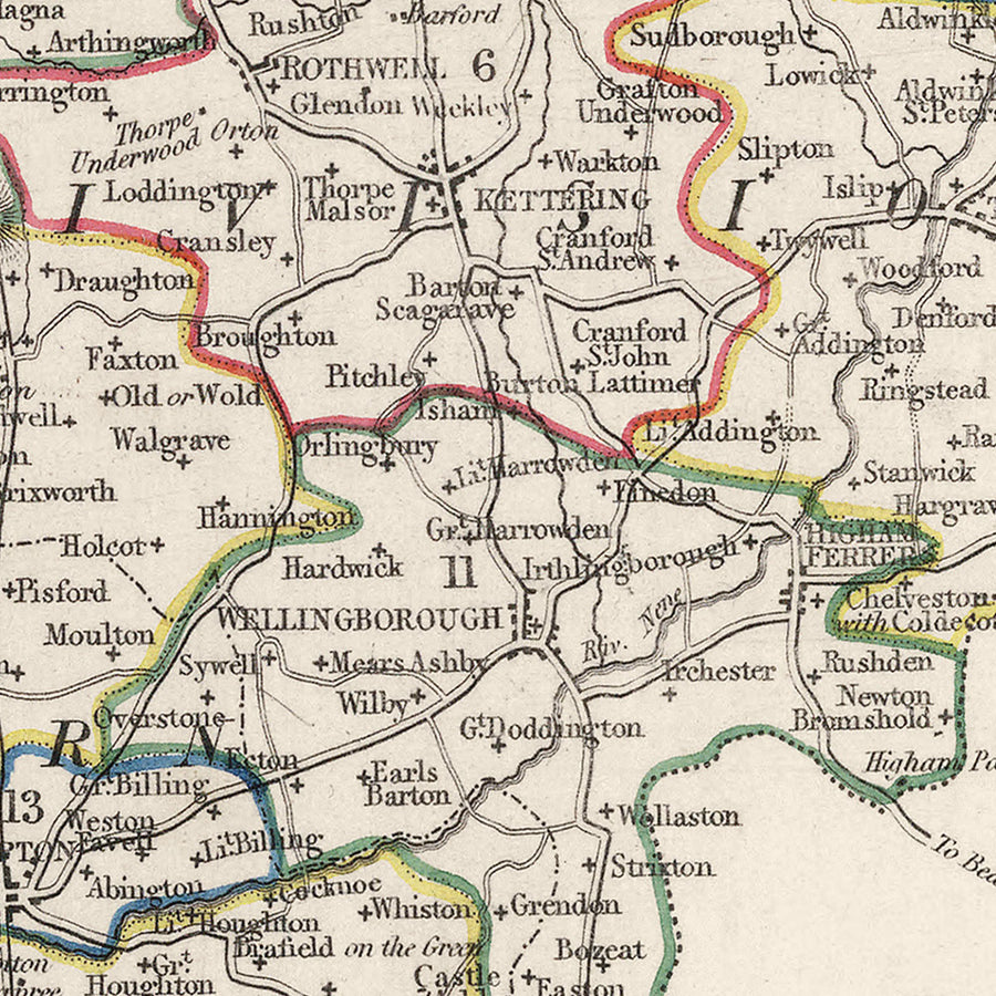 Antica mappa del Northamptonshire di Samuel Lewis, 1844: Northampton, Kettering, Corby, Wellingborough e Rushden 