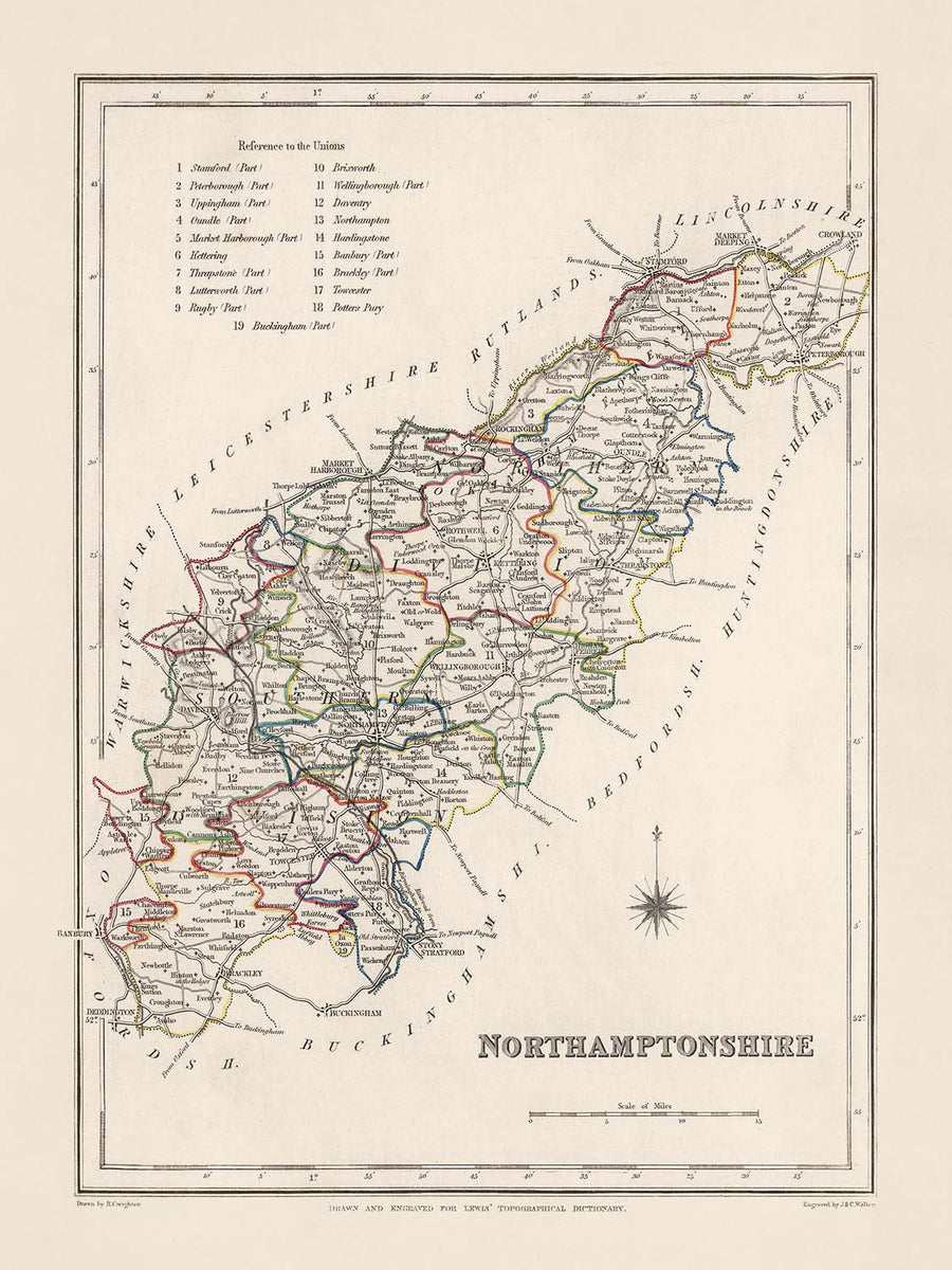 Antica mappa del Northamptonshire di Samuel Lewis, 1844: Northampton, Kettering, Corby, Wellingborough e Rushden 