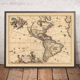 Ancienne carte des Amériques par Visscher, 1690 : Amérique centrale, Caraïbes, Polynésie, îles de l'Atlantique, forêt amazonienne