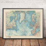 Alte Weltkarte des Nordatlantiks, 1967: Maritime Handelsrouten, Kanada, Grönland, Island, Europa 
