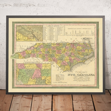 Mappa antica della Carolina del Nord di Tanner, 1841: Raleigh, Charlotte, Asheville, Greensboro e Wilmington 