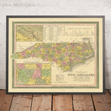 Old Map of North Carolina by Tanner, 1841: Raleigh, Charlotte, Asheville, Greensboro, and Wilmington