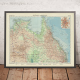 Ancienne carte du Queensland et du Territoire du Nord par Bartholomew, 1958 : Brisbane, Darwin, Grande Barrière de corail, Cap York 