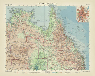 Alte Karte von Queensland von Bartholomew, 1958: Brisbane, Great Barrier Reef, Cape York, Carnarvon NP, Torres Strait