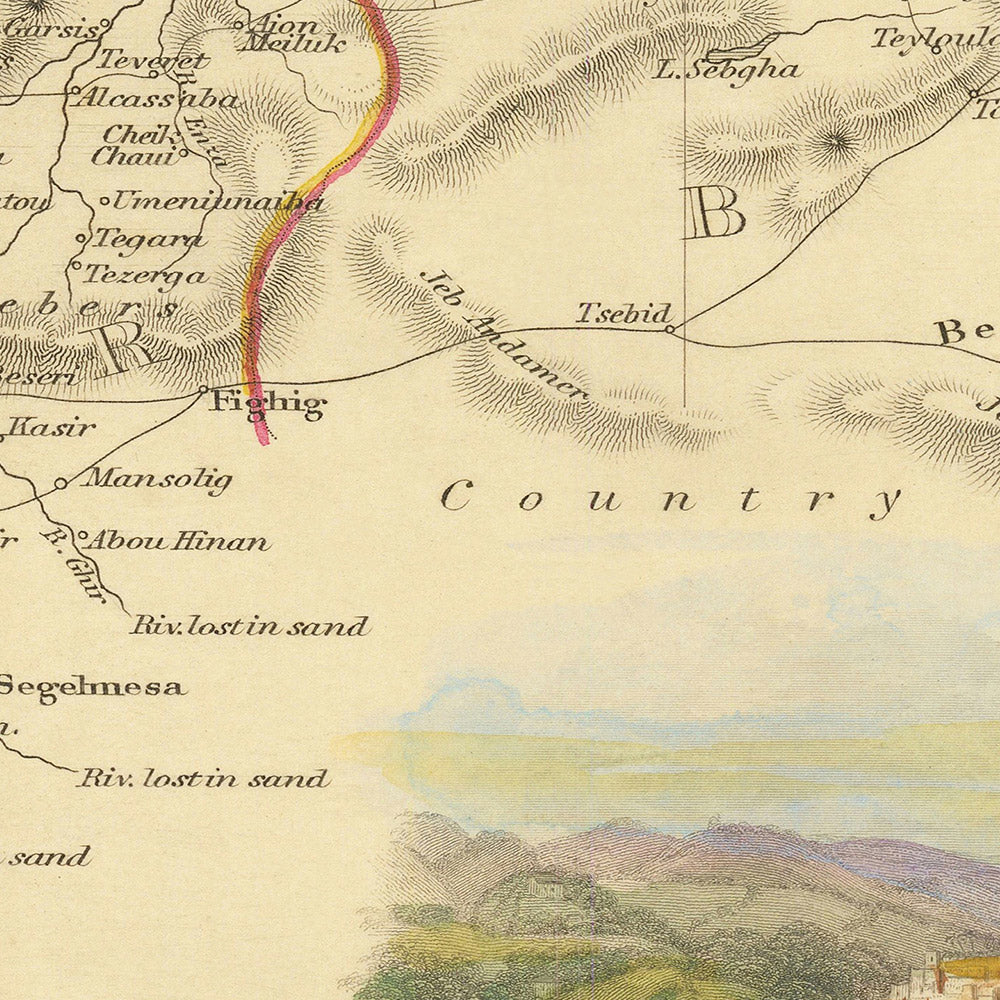 Antiguo mapa del norte de África, 1851: Túnez, Argel, Constantina, montañas del Atlas, desierto del Sahara