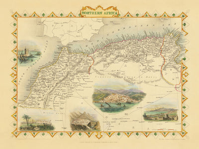 Antiguo mapa del norte de África, 1851: Túnez, Argel, Constantina, montañas del Atlas, desierto del Sahara