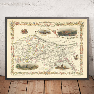 Mappa antica del Nord India, Bangladesh, Bhutan e Nepal di Tallis & Rapkin, 1851: Delhi, Calcutta, Himalaya, Gange 