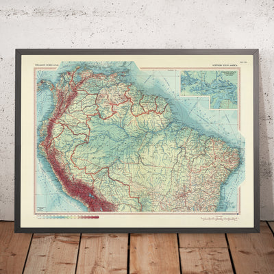 Mapa antiguo del norte de América del Sur, Servicio de Topografía del Ejército Polaco, 1967: Río y cuenca del Amazonas, Cordillera de los Andes, Canal de Panamá, Confluencia Amazon-Tapajos, Antillas Menores