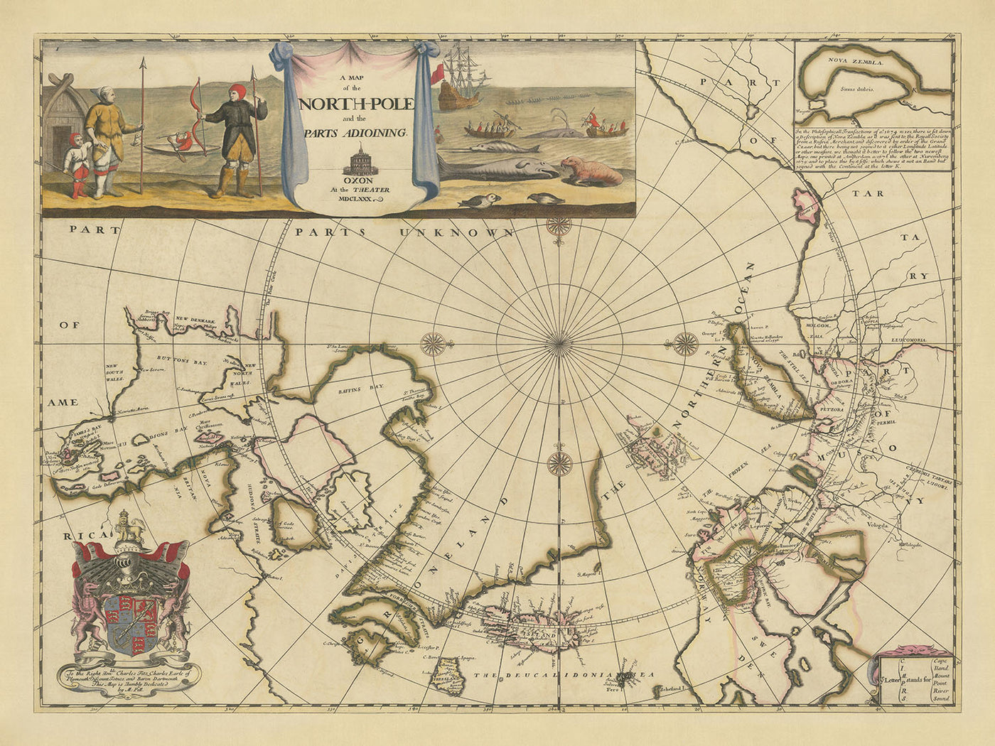 Mapa antiguo del Polo Norte de Pitt, 1680: mapa inglés antiguo, isla mítica, cartuchos detallados