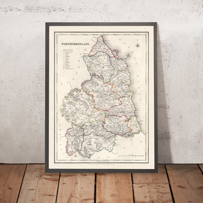 Alte Karte von Northumberland von Samuel Lewis, 1844: Newcastle upon Tyne, Blyth, Cramlington, Ashington und Bedlington 