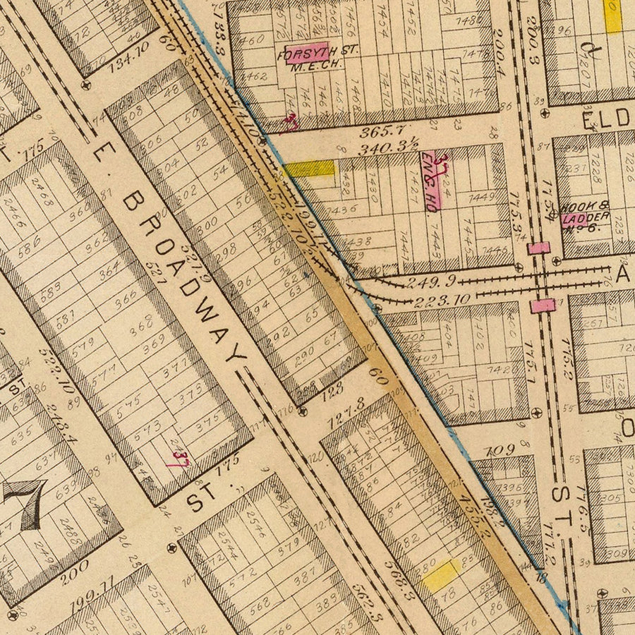 Mappa antica del Lower East Side, Manhattan di Bromley, 1879: James, Market, Pike, Rutgers Slip, Chatham Square 