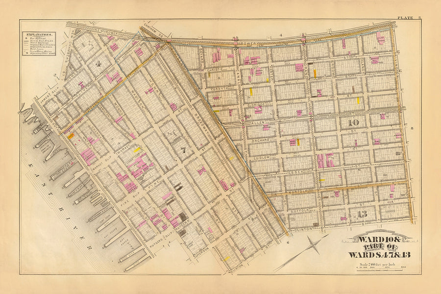Mappa antica del Lower East Side, Manhattan di Bromley, 1879: James, Market, Pike, Rutgers Slip, Chatham Square 