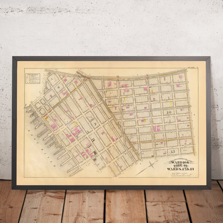 Mappa antica del Lower East Side, Manhattan di Bromley, 1879: James, Market, Pike, Rutgers Slip, Chatham Square 