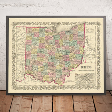 Alte Karte von Ohio von J. H. Colton, 1855: Cincinnati, Cleveland, Columbus, Dayton und Toledo 