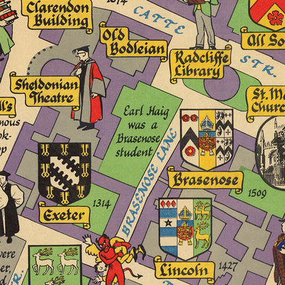 Alte Karte von Oxford von Sayer, 1949: University of Oxford, St. John's, Ashmolean Museum, River Cherwell, Broad Walk