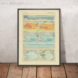 Ancienne infographie de la carte de l'océan Pacifique, 1967 : Température, Salinité, Pêches, Fond océanique 