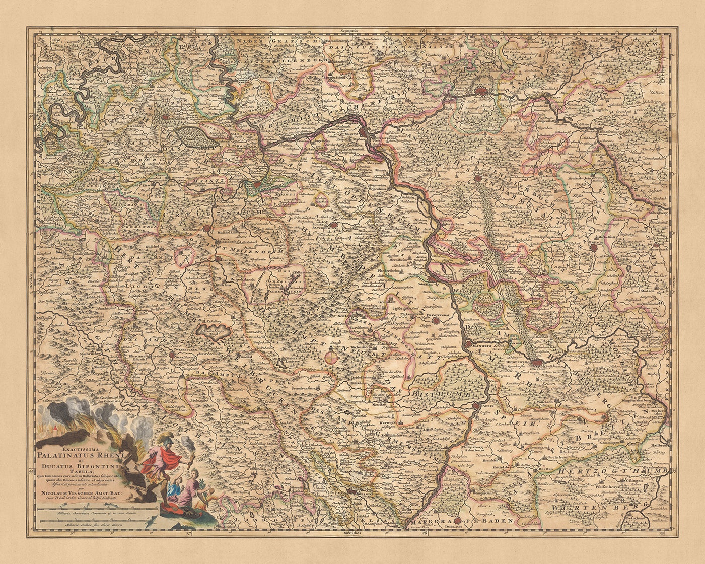 Mapa antiguo del Rin Palatinado y Ducado de Zweibrücken, Visscher, 1690: Frankfurt, Mannheim, Saarbrücken, Mainz, Darmstadt