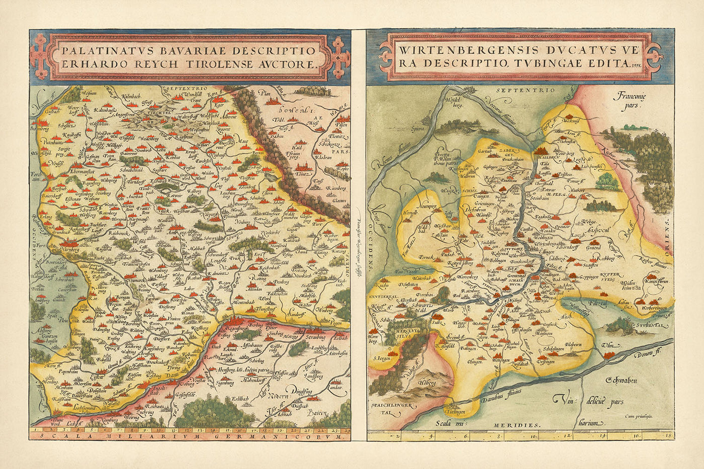 Carte ancienne de la Bavière et du Wurtemberg par Ortelius, 1581 : Danube, Rhin, Stuttgart, Ratisbonne, Forêts