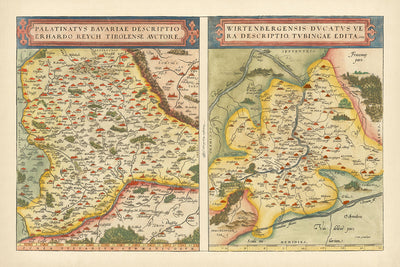 Old Map of Bavaria and Wurtemberg by Ortelius, 1581: Danube, Rhine, Stuttgart, Regensburg, Forests