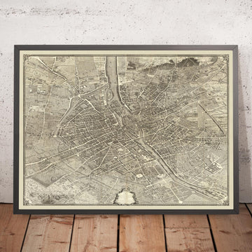 Gran mapa antiguo de París, Francia, por Bretez & Turgot en 1734 - Notre Dame, Sainte-Chapelle, Île de la Cité, Bastille