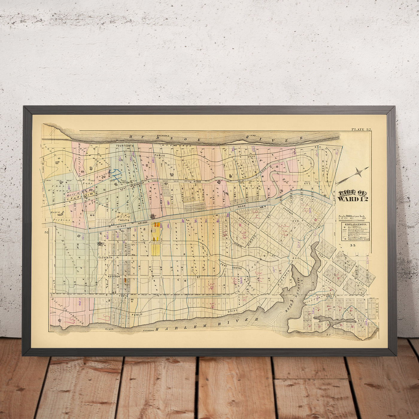 Alter Stadtplan von New York von Bromley, 1879: Harlem, Fort Washington, Fort George, Hudson River, Harlem River