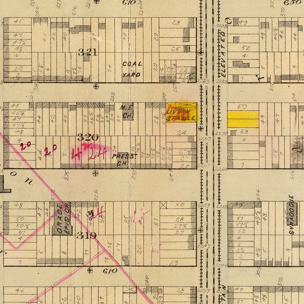 Mapa antiguo de East Harlem, Nueva York por Bromley, 1879: Iglesia católica de San Pablo, Harlem Gas Works.