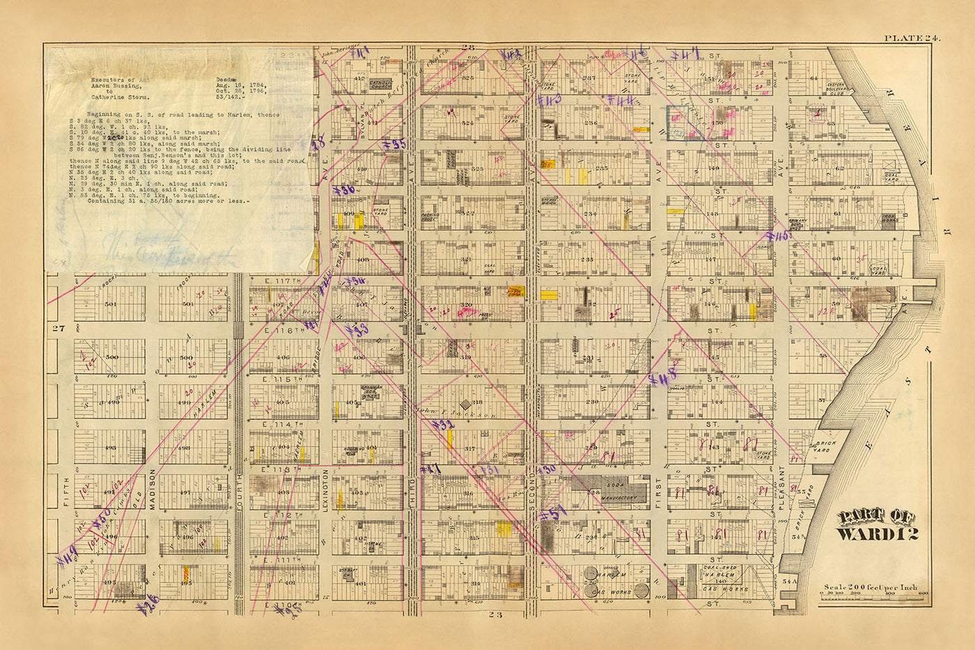 Mapa antiguo de East Harlem, Nueva York por Bromley, 1879: Iglesia católica de San Pablo, Harlem Gas Works.
