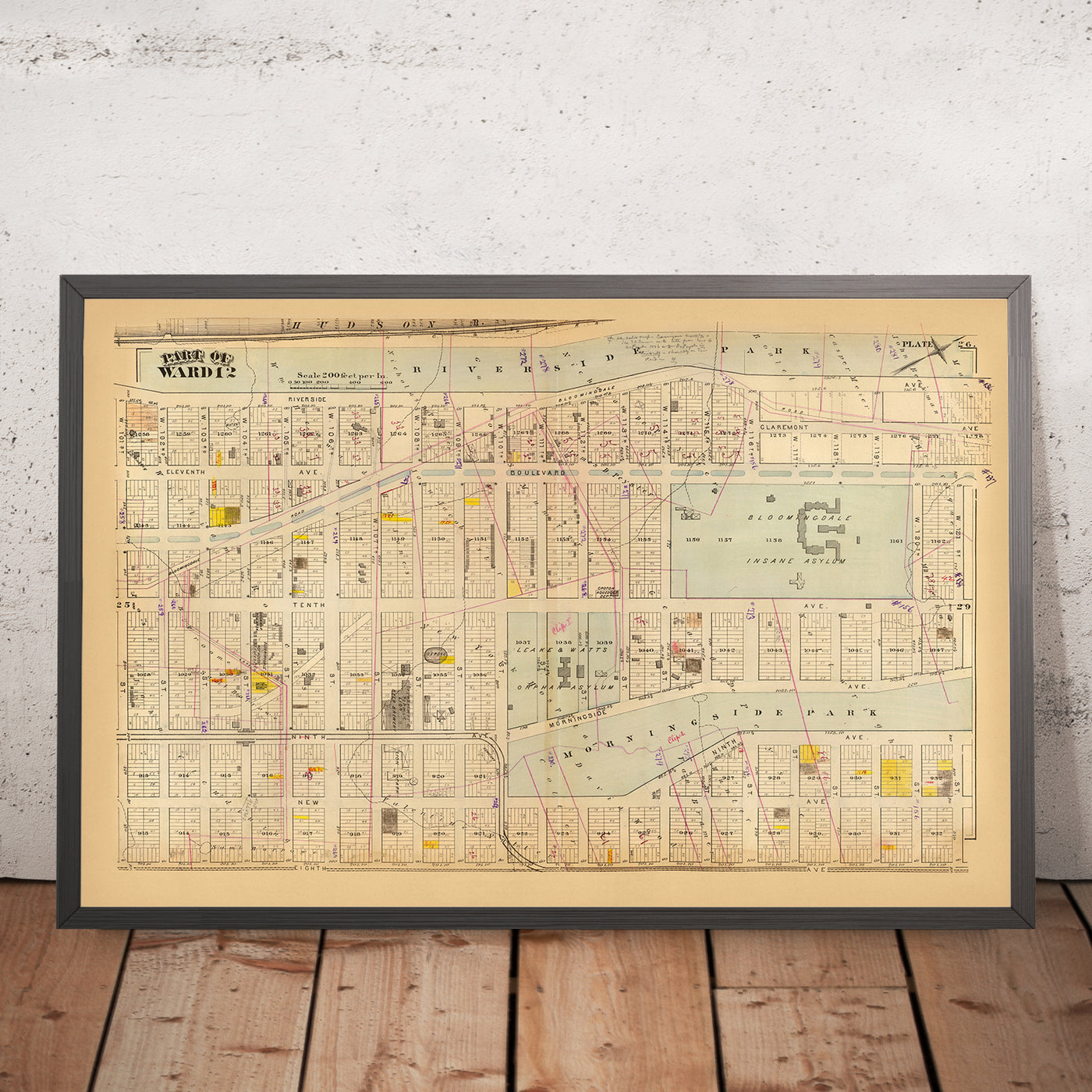 Mapa antiguo de la ciudad de Nueva York de Bromley, 1879: Morningside Heights, Riverside Park, Morningside Park, orfanato Leake & Watts, manicomio Bloomingdale