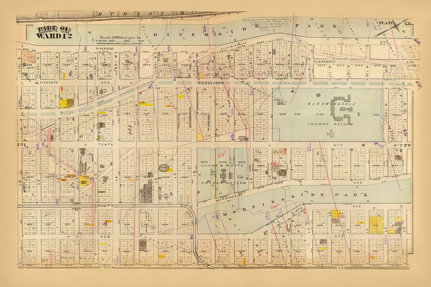 Alte Karte von New York City von Bromley, 1879: Morningside Heights, Riverside Park, Morningside Park, Leake & Watts Orphan Asylum, Bloomingdale Insane Asylum