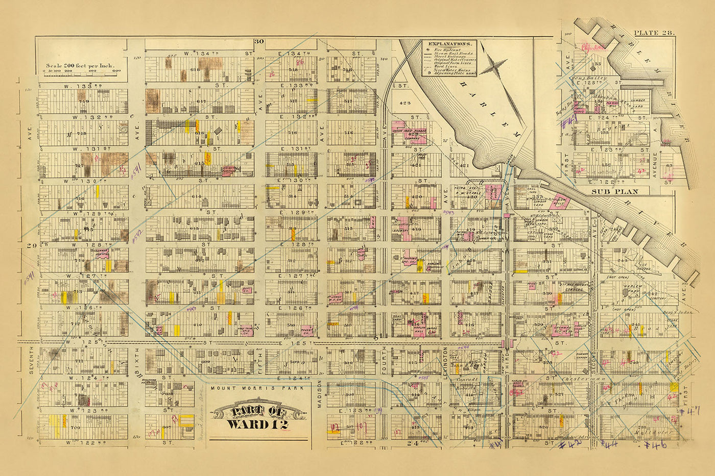 Mapa antiguo de la ciudad de Nueva York de Bromley, 1879: Mount Morris Park, río Harlem, 1.ª a 7.ª avenidas