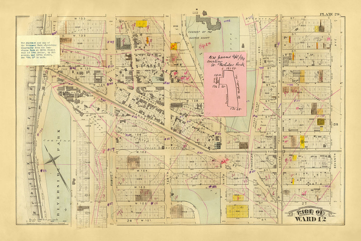 Old Map of Harlem, NYC by Bromley, 1879: Riverside Park, Convent, Broadway, Railroads, Amsterdam Ave