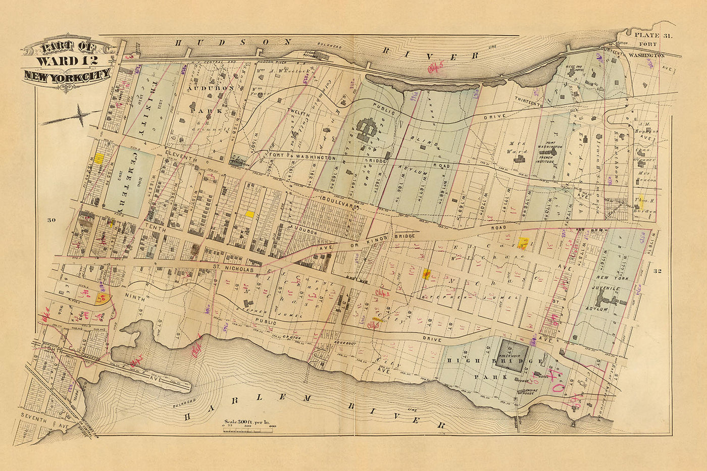 Alte Karte von New York City von Bromley, 1879: Hudson River, Harlem River, High Bridge, Fort Washington, Audubon Park