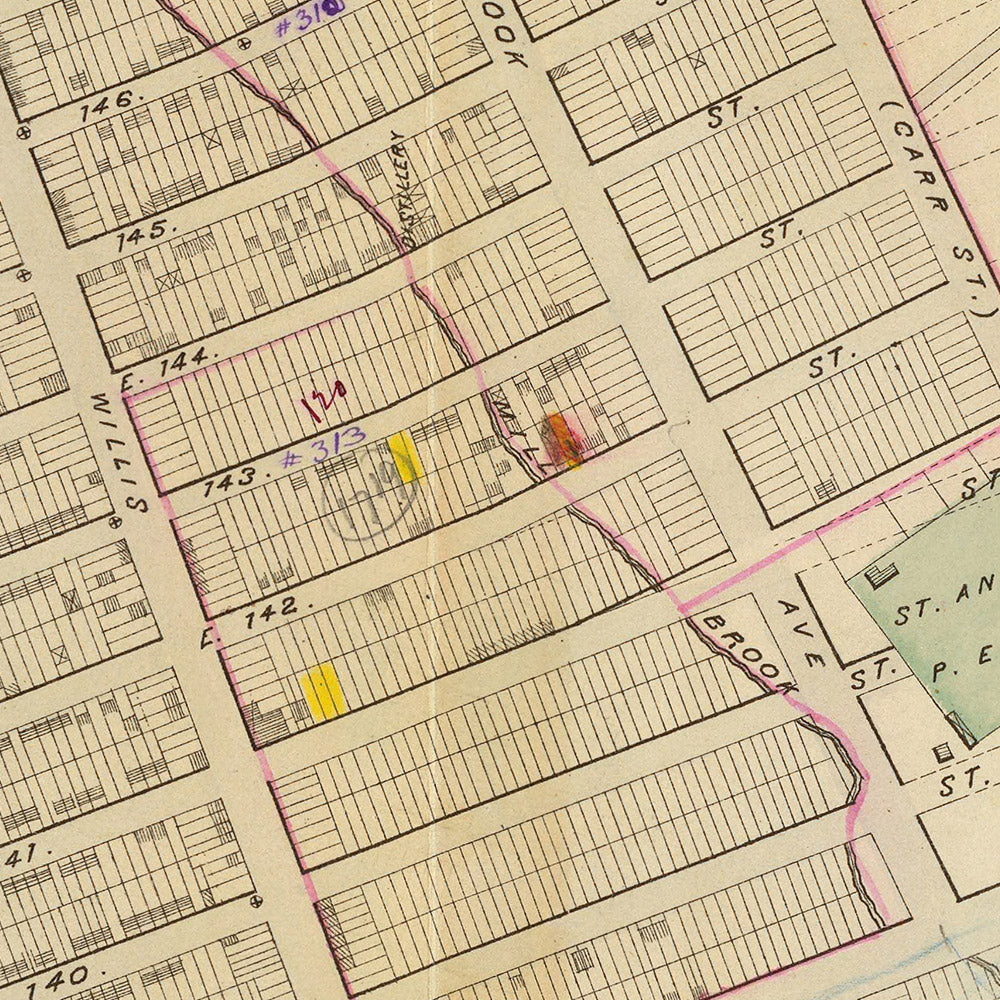 Mapa antiguo de la ciudad de Nueva York de Bromley, 1879: South Melrose, Mott Haven, St. Mary's Park, East River, ferrocarriles