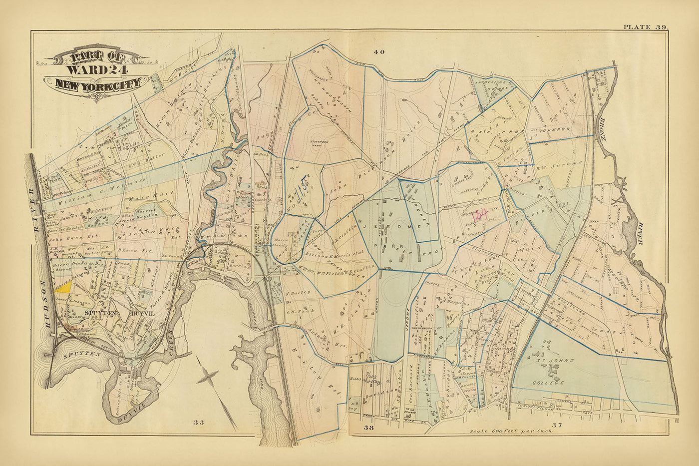 Carte ancienne de New York par Bromley, 1879 : Fordham, Belmont, East Tremont, Bronx River, St. Johns College