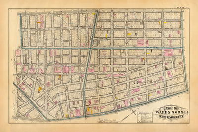 Alte Karte von Lower Manhattan (Bezirke 5, 6, 8 und 14) von Bromley, 1879: SoHo, Little Italy, Civic Center, Chinatown, Five Points