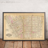 Ancienne carte du Lower East Side, New York, 1879 : avec Rutgers Slip, Governeur Slip, Union Market